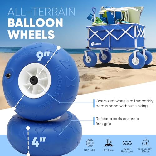Heavy Duty Beach Wagon with 9" Big Sand-Proof Wheels – 440lb Capacity, Sekey 200L Oversized Foldable Cart | Adjustable Handle & All-Terrain Tires for Sand, Camping, Groceries. Blue&White