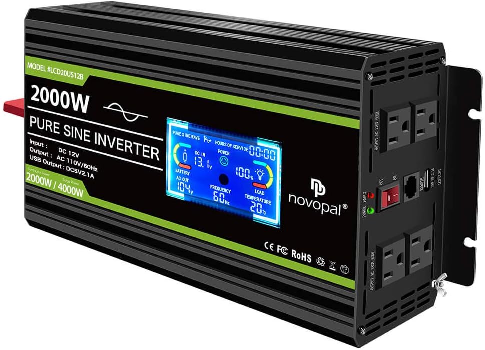 Novopal 2000 Watt Pure Sine Wave Power Inverter 12V DC to 110V/120V AC Converter- 4 AC Outlets Car Inverter with 1 USB Port-Remote Control and LCD Display Dual Cooling Fans Inverter for CPAP RV