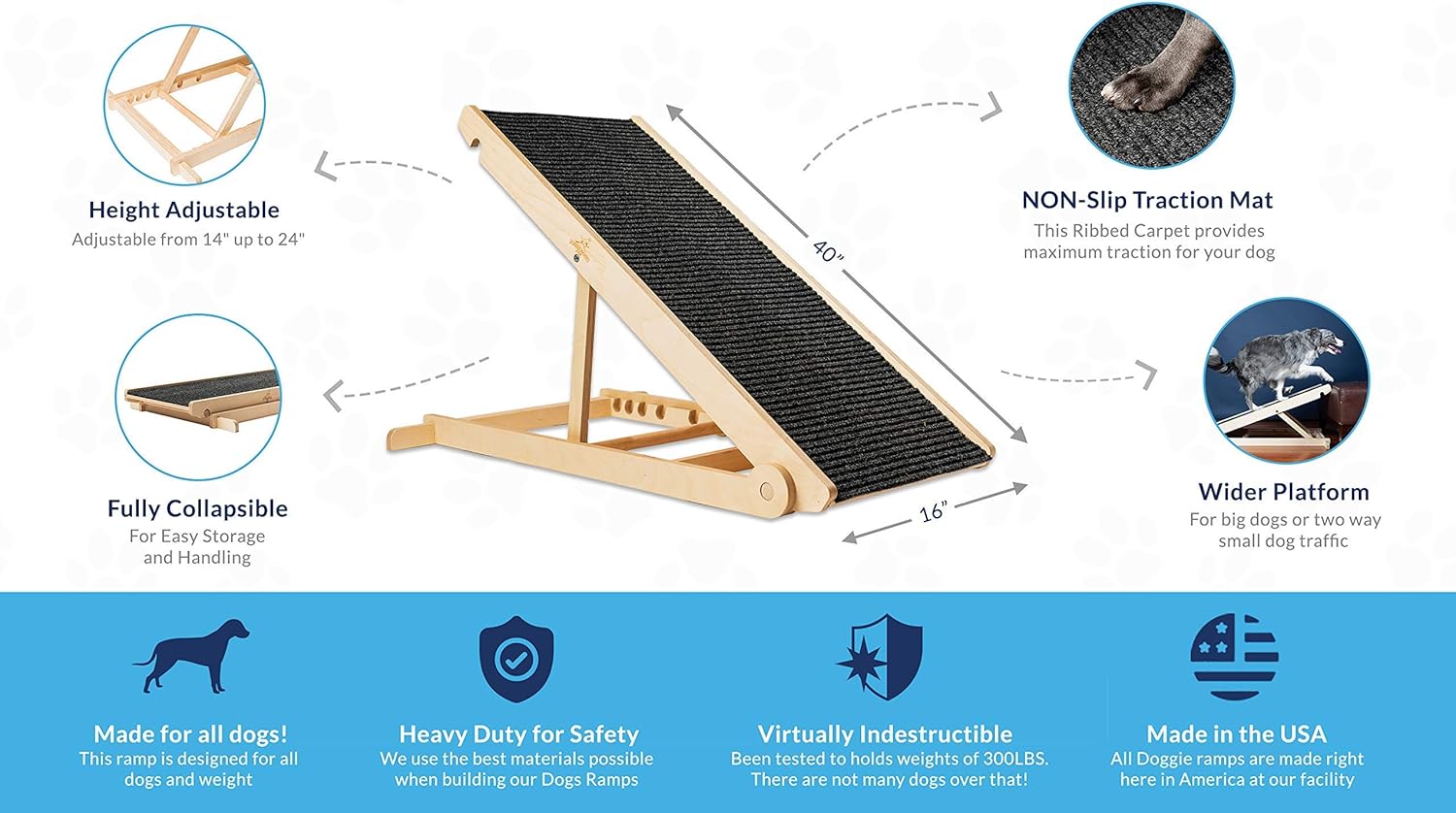USA Made Adjustable Pet Ramp for All Dogs and Cats - for Couch or Bed with Paw Traction Mat - 40" Long and Adjustable from 14” to 24” - Rated for 200LBS - Great for Small and Older Animals