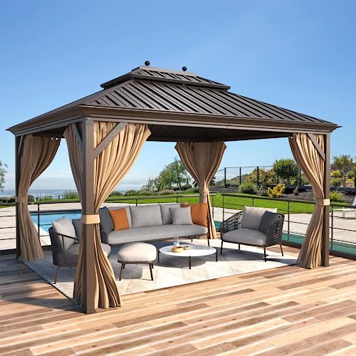 MELLCOM 12'x16' Hardtop Gazebo, Galvanized Steel Metal Double Roof Canopy with Curtains and Netting, Brown Permanent Pavilion Gazebos with Aluminum Frame for Garden, Patio, Lawns, Deck