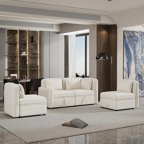 Convertible Modular Sectional Sofa with Storage, 122.8" Modern Chenille Fabric Couch Minimalist Sofa with 5 Pillows for Living Room, Office, Apartment, Space Saving, Free Combination, Cream