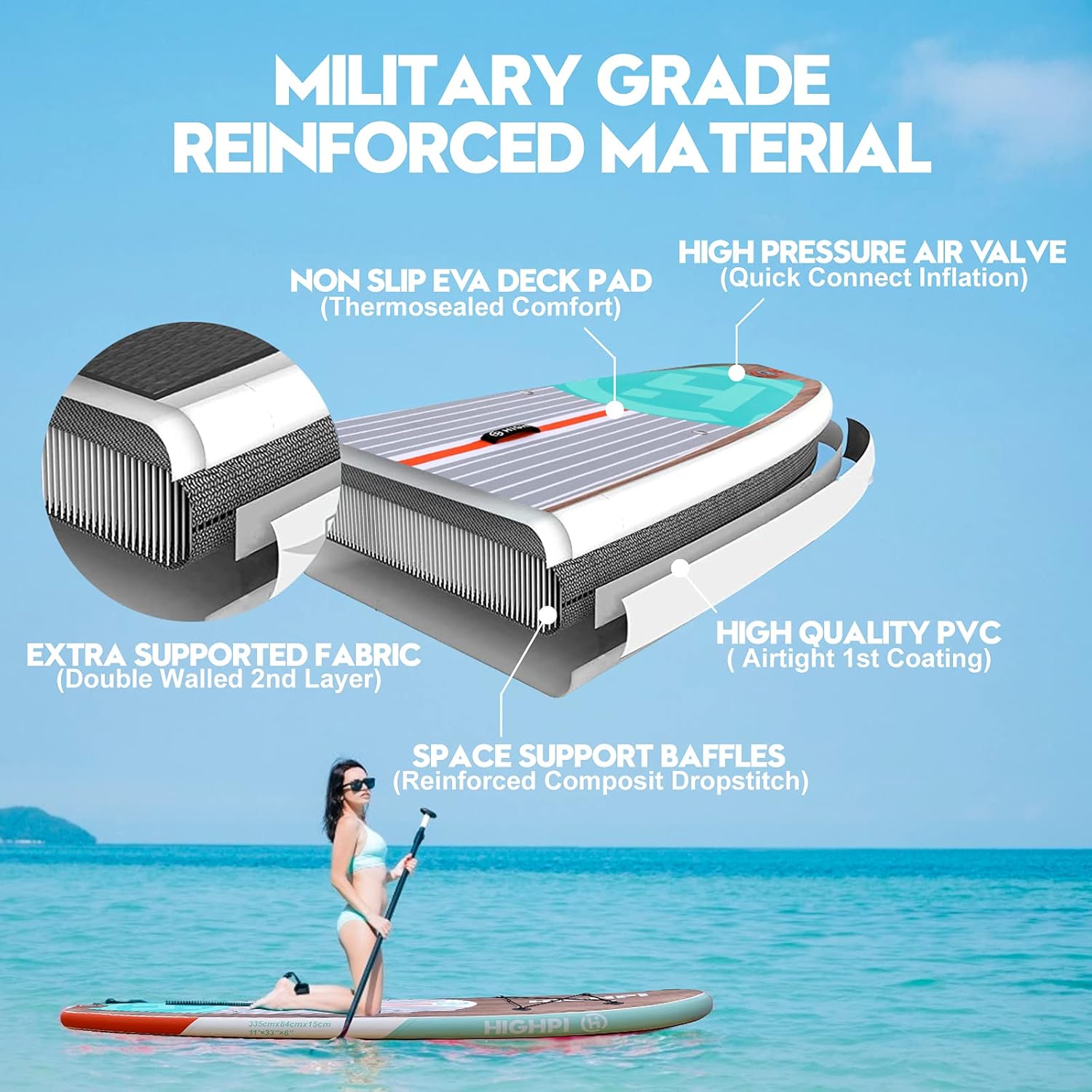 Highpi Inflatable Stand Up Paddle Board with Premium SUP Accessories, Backpack, Wide Stance, Surf Control, Non-Slip Deck, Leash, Paddle and Pump, Standing Boat for Youth and Adult