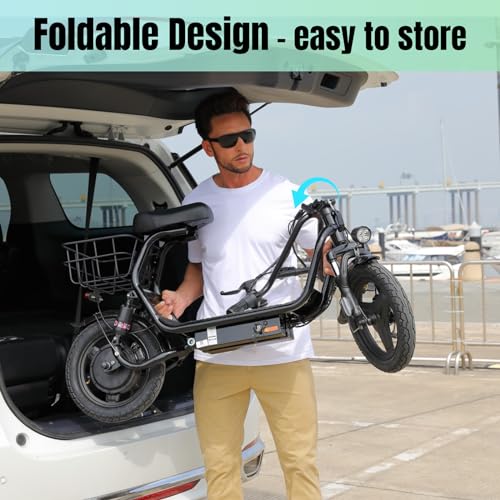 Caroma Peak 500W/800W/1200W Electric Scooter with Seat, Max 15/20/30Miles Range&20MPH, 14" Tires Foldable Adult Electric Scooter with Basket for Pets & Cargo, Dual Shock Absorbing Ebike for Commuting
