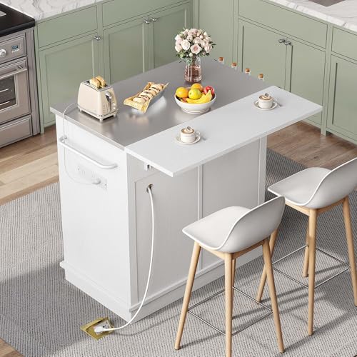 YITAHOME Kitchen Island with Stainless Steel Top & Drop Leaf, 47 Inch Kitchen Island on Wheels with Power Outlet, Rolling Portable Mobile Kitchen Cart w Storage Drawer Cabinet Counter Metal Top, White