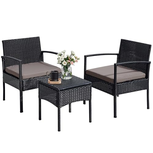 PROHIKER 3 PCS Patio Rattan Conversation Chairs Set, Outdoor Patio Furniture Balcony Furniture Set, Wicker Patio Bistro Set for Garden Porch Balcony Yard, Brown