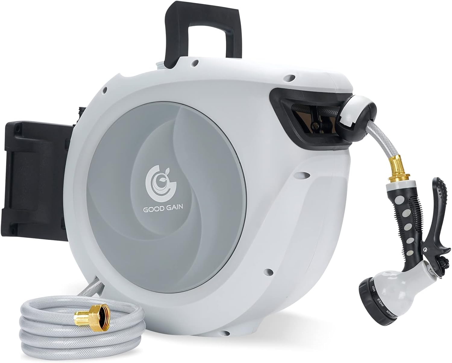 Retractable Hose Reel, 115+7FT Auto Rewind Water Hose, 180&deg;Swivel Bracket Wall Mounted Water Hose Reel, Slow Return System, Any Length Lock, 9 Patterns Hose Nozzle for Yard Watering, Car Wash(White)