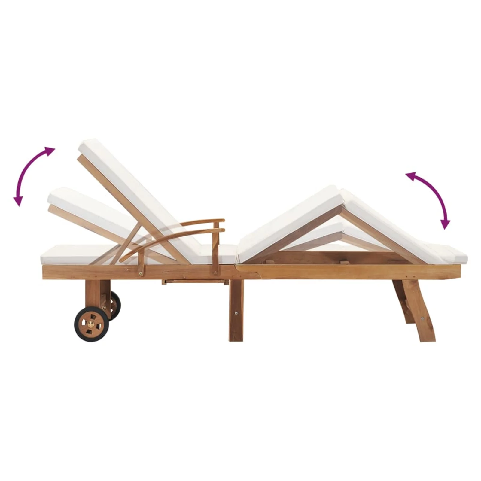 Anself Outdoor Sun Lounger with Sliding Table and Wheels Teak Wood Both Side Adjustable Chaise Lounge Chair Cream Cushioned Poolside, Backyard, Garden Furniture 76.8 x 23.4 x 13.8 Inches (L x W x H)