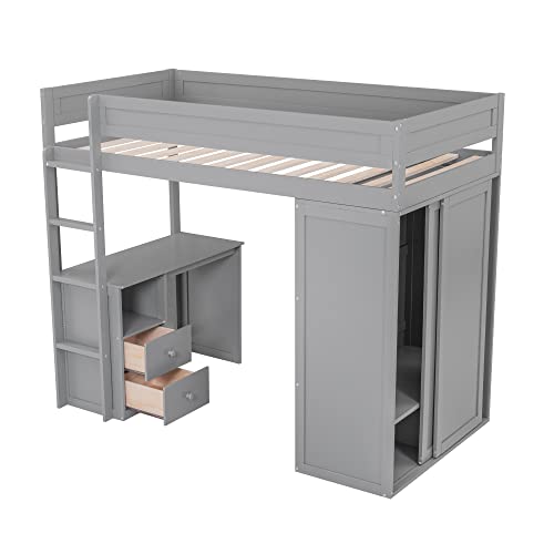 Full Size Loft Bed with Storage Wardrobe and Desk Wooden Loft Beds Frame with Drawers and Cabinet Wood High Loft Beds with Ladder for Kids Teens Adults, White