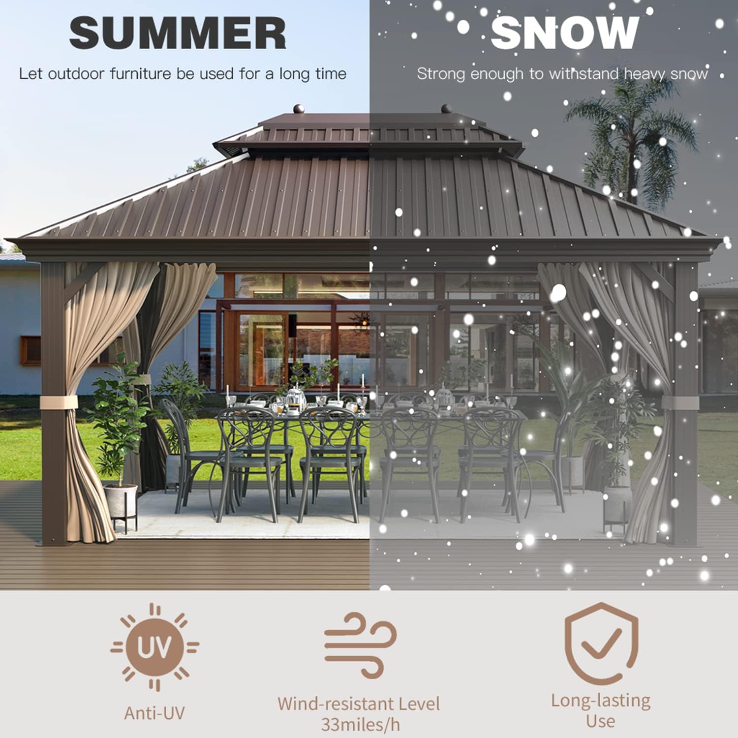 EROMMY Hardtop Gazebo Galvanized Steel Outdoor Gazebo Canopy Double Vented Roof Pergolas Aluminum Frame with Netting and Curtains for Garden,Patio,Lawns,Parties (10'x 13')