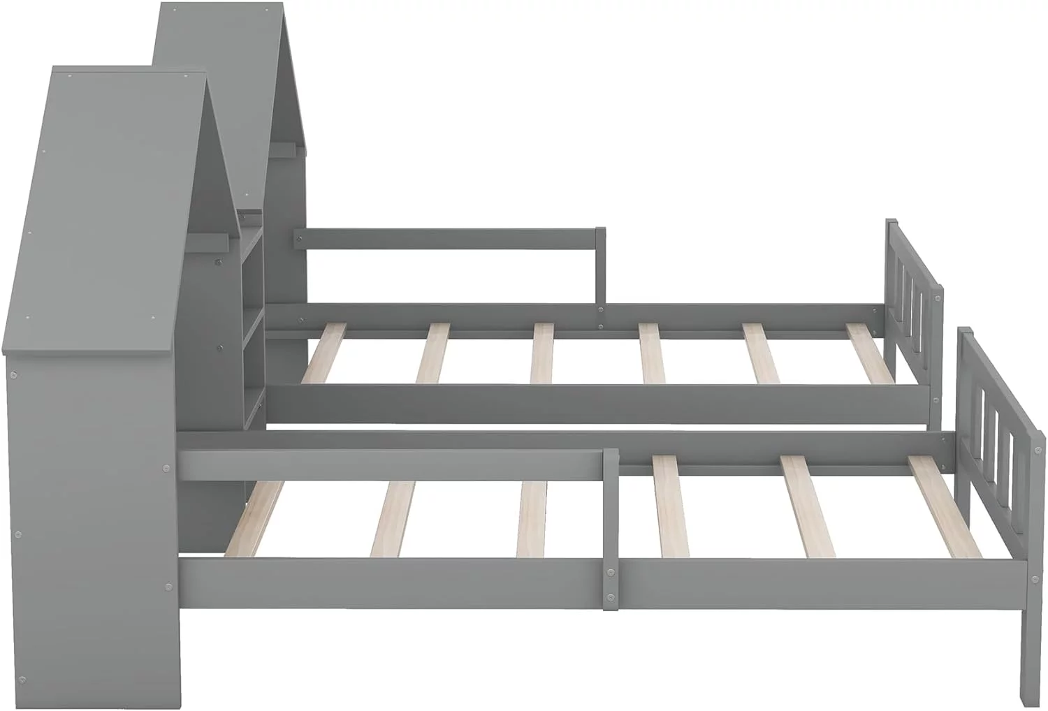 Double Size Platform Bed, Shared Bed Frame With House-Shaped Headboard And A Built-In Nightstand,Grey