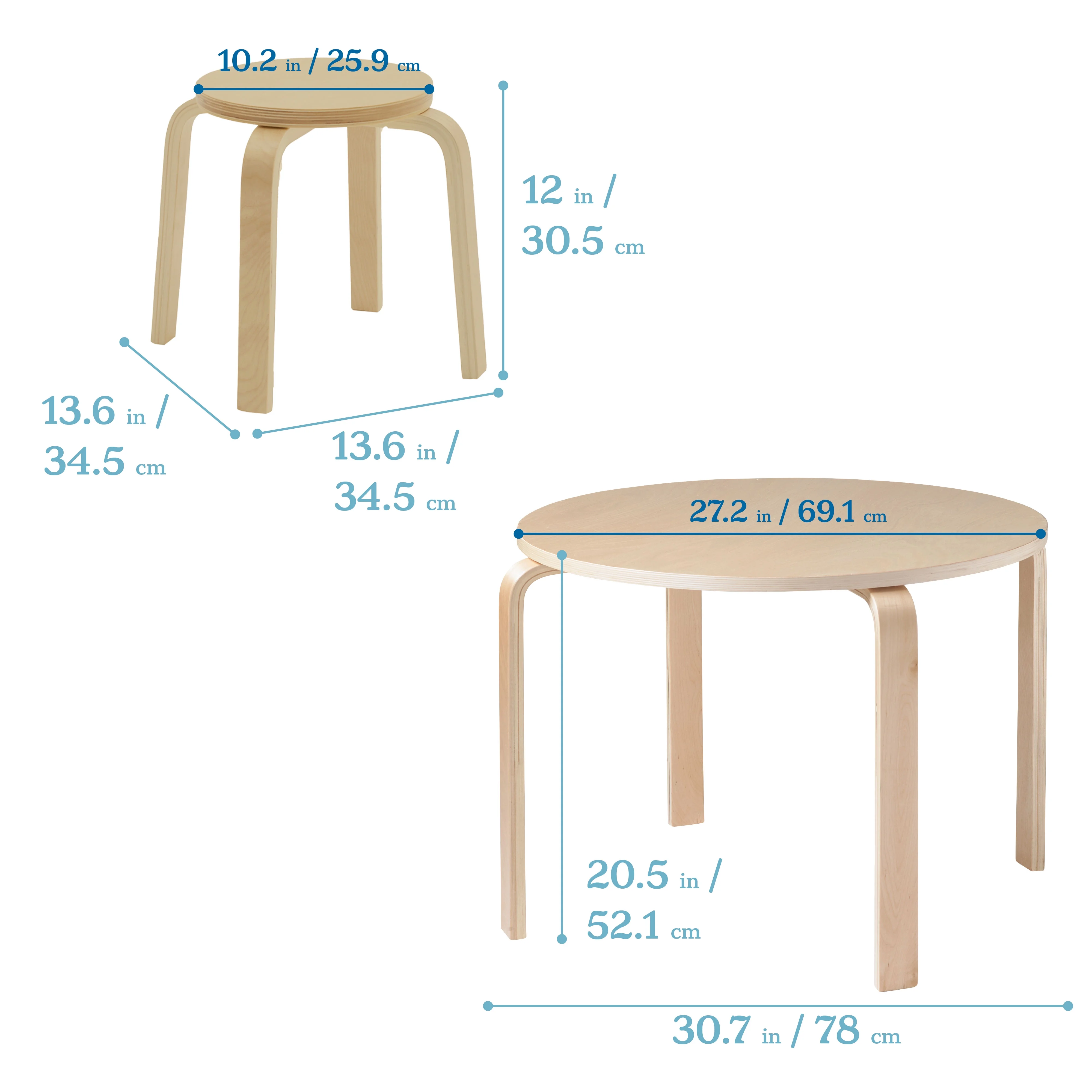 ECR4Kids Bentwood Round Table and Stool Set, Kids Furniture, Natural, 5-Piece