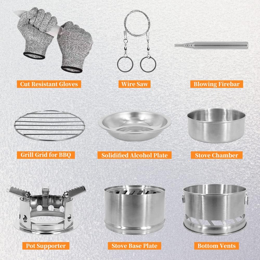 Camping Stove， Portable Wood Burning Stove Foldable Camping Stove Stainless Steel Camping Cookware Rocket Stove with Cut Resistant Gloves, Wire Saw for Outdoor Backpacking Hiking Traveling Picnic BBQ