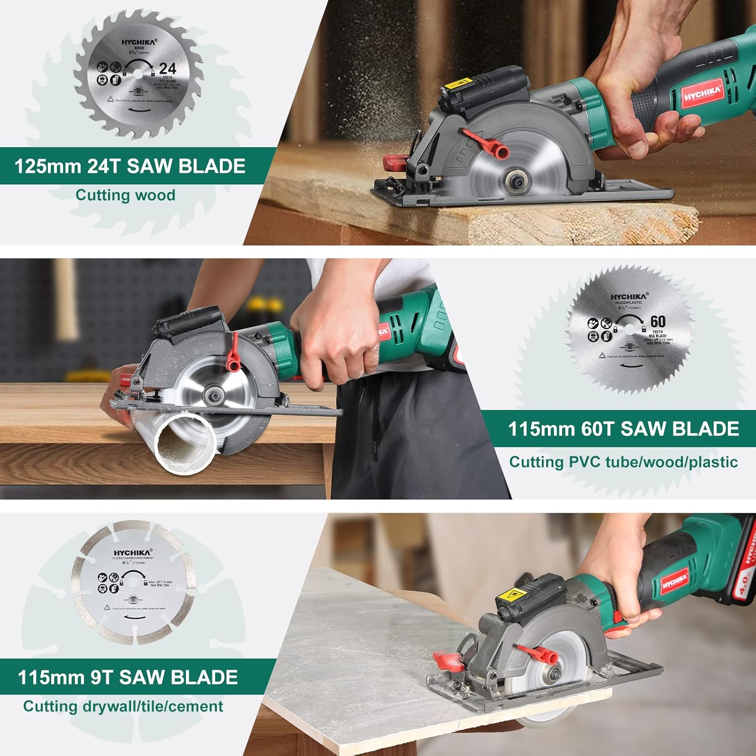 HYCHIKA Cordless Circular Saw,20V Mini Circular Saw with 4.0Ah Battery，3 Blades(4-1/2",4-9/10"),3500RPM Max Cuting Depth:90°(48mm)/45°(32mm),Compact Circular Saw for Wood, Plastic and Soft Metal