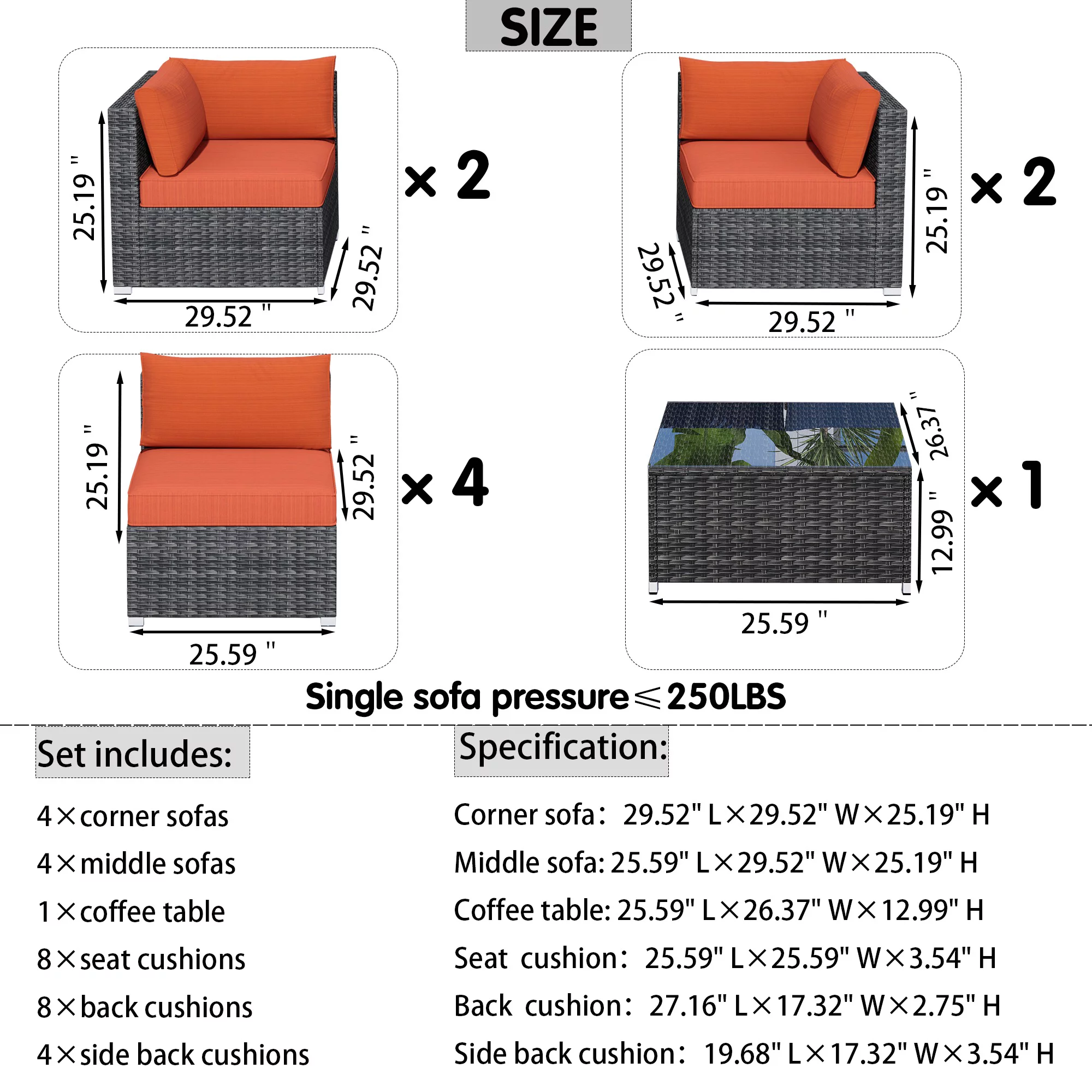 Ovios 9 Piece Outdoor Furniture All Weather Wicker Patio Conversation Sectional Sofa Set with Coffee Table for Garden Backyard (Orange Red)