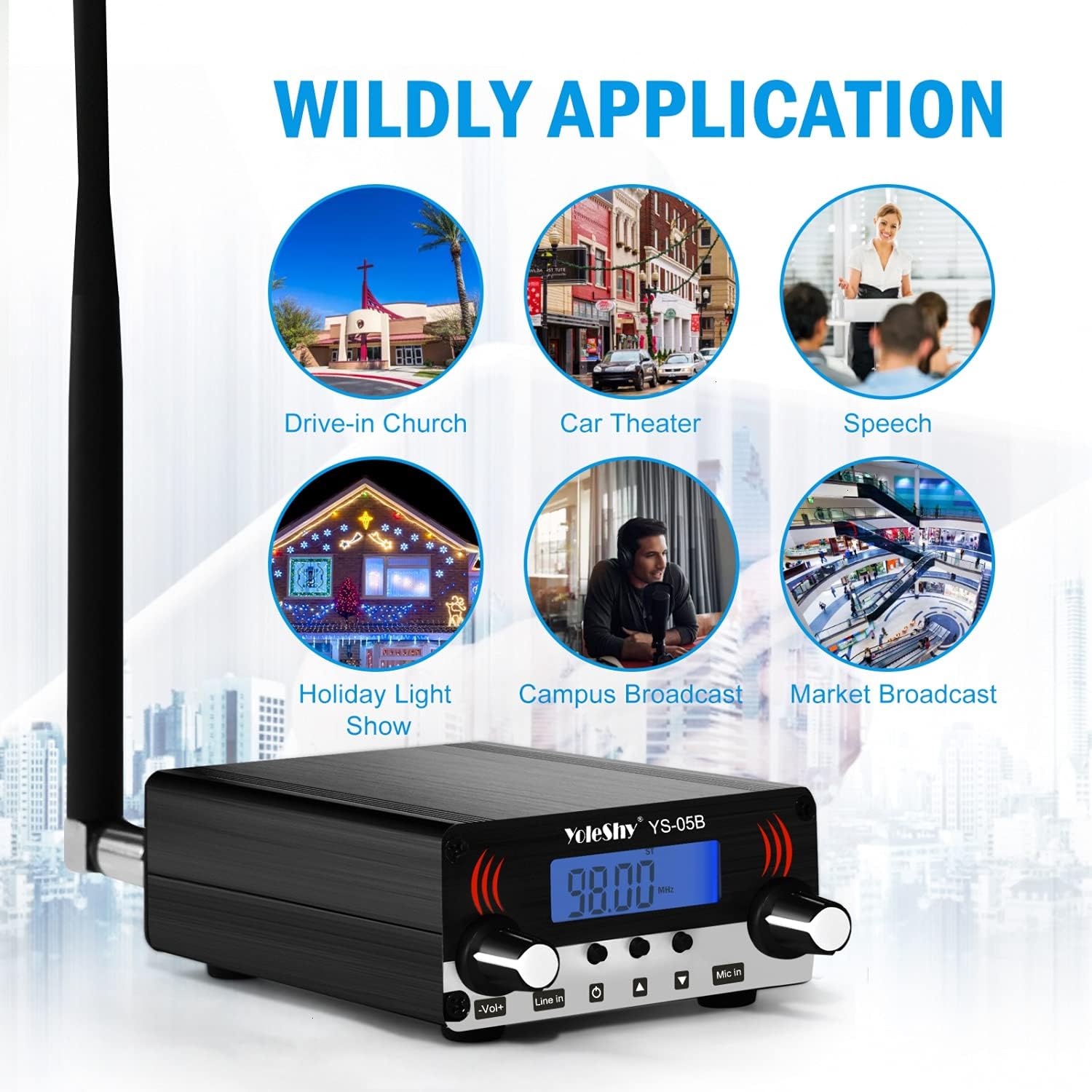 YoleShy 0.5W YS-05B FM Transmitter for Church Parking Lot, Digital LCD FM Broadcast Transmitter, Long Range Mini Radio Stereo Station with Antenna, Microphone, 87.5-108MHz, FCC Part15 Certified, Black