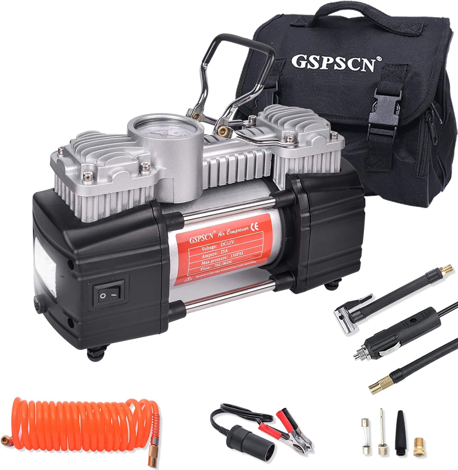 GSPSCN Portable Tire Inflator Double Cylinder Air Compressor Pump with LED Light, 12V Air Pump for Car Tires, 150 PSI Heavy-Duty Metal Tire Pump with Locking Air Chuck for Auto,SUV,RV,Truck,Balls Pack of 2