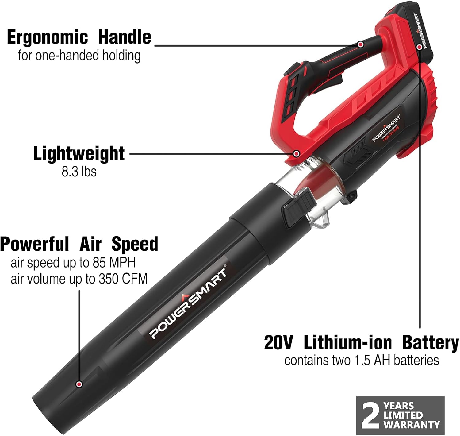 PowerSmart Leaf Blower Cordless with 2 X 2.0 Battery & Charger, 350CFM 85MPH Variable-Speed Control, 20V Electric Blower, Lightweight for Yard Cleaning, Dust, Debris, Snow