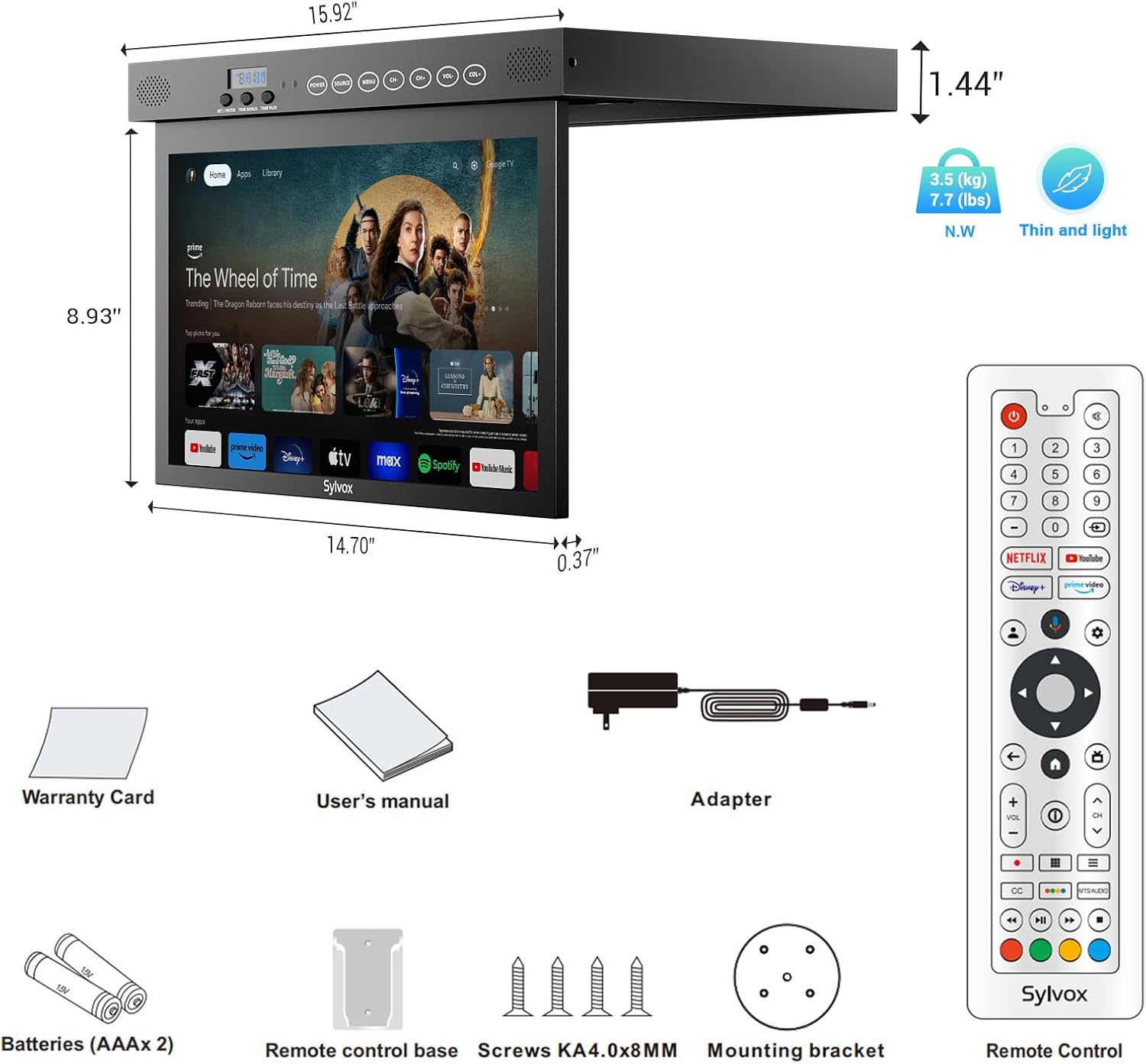 SYLVOX 15.6 inch Smart TV for Kitchen, 1080P RV TV Under Cabinet TV, Smart Google TV Rotated & Folded, Support Google Assistant WiFi Bluetooth, Small TV for Kitchen, Bedroom, RV Camper, Black