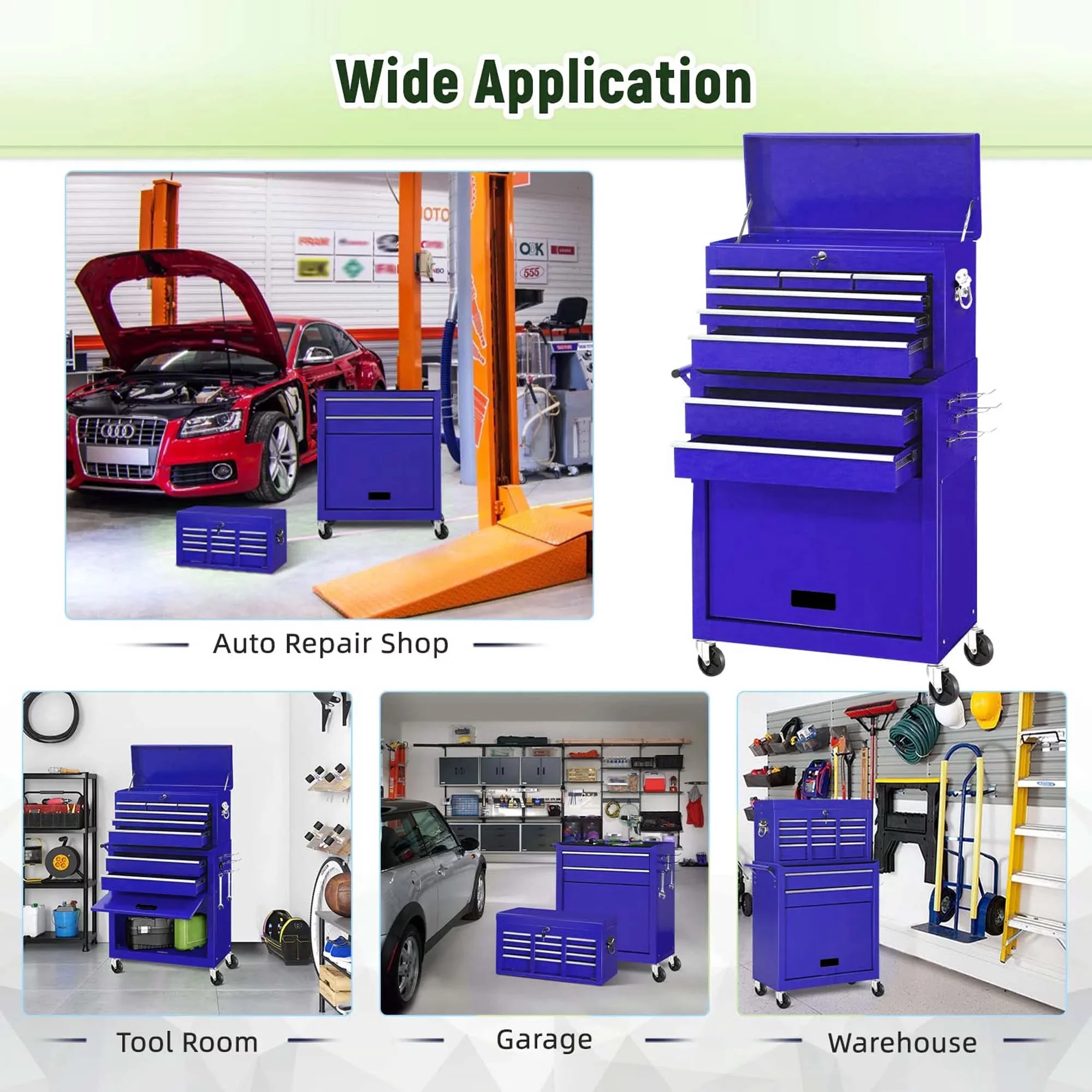 Aukfa Tool Chest, 2 in 1 Steel Rolling Tool Box & Cabinet On Wheels for Garage, 8-Drawer, Blue
