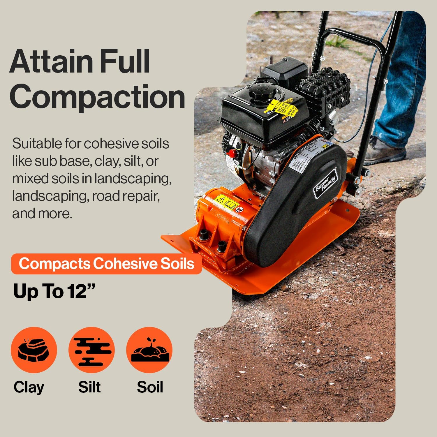 SuperHandy Plate Compactor Rammer 7 HP Gas Engine 4200-Pounds of Compaction Force Rammer Jumping Jack Tamper 20 × 15 Inch Plate for Paving Landscapes Sidewalks Patios EPA/CARB Compliant