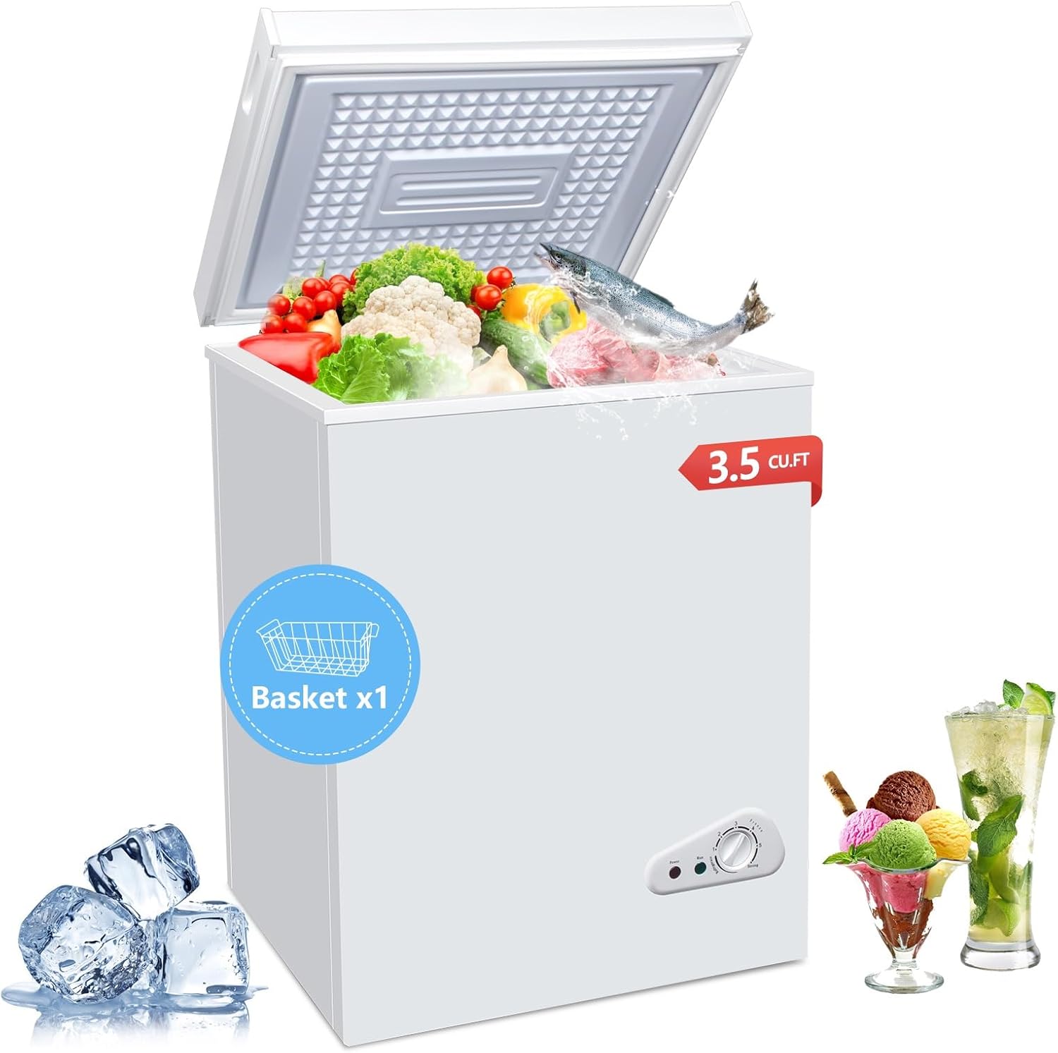 Compact Chest Freezer, 3.5 Cu.Ft. Deep Freezer with Basket, 6 Level Adjustable Temperature, Top Door Mini Freezer White