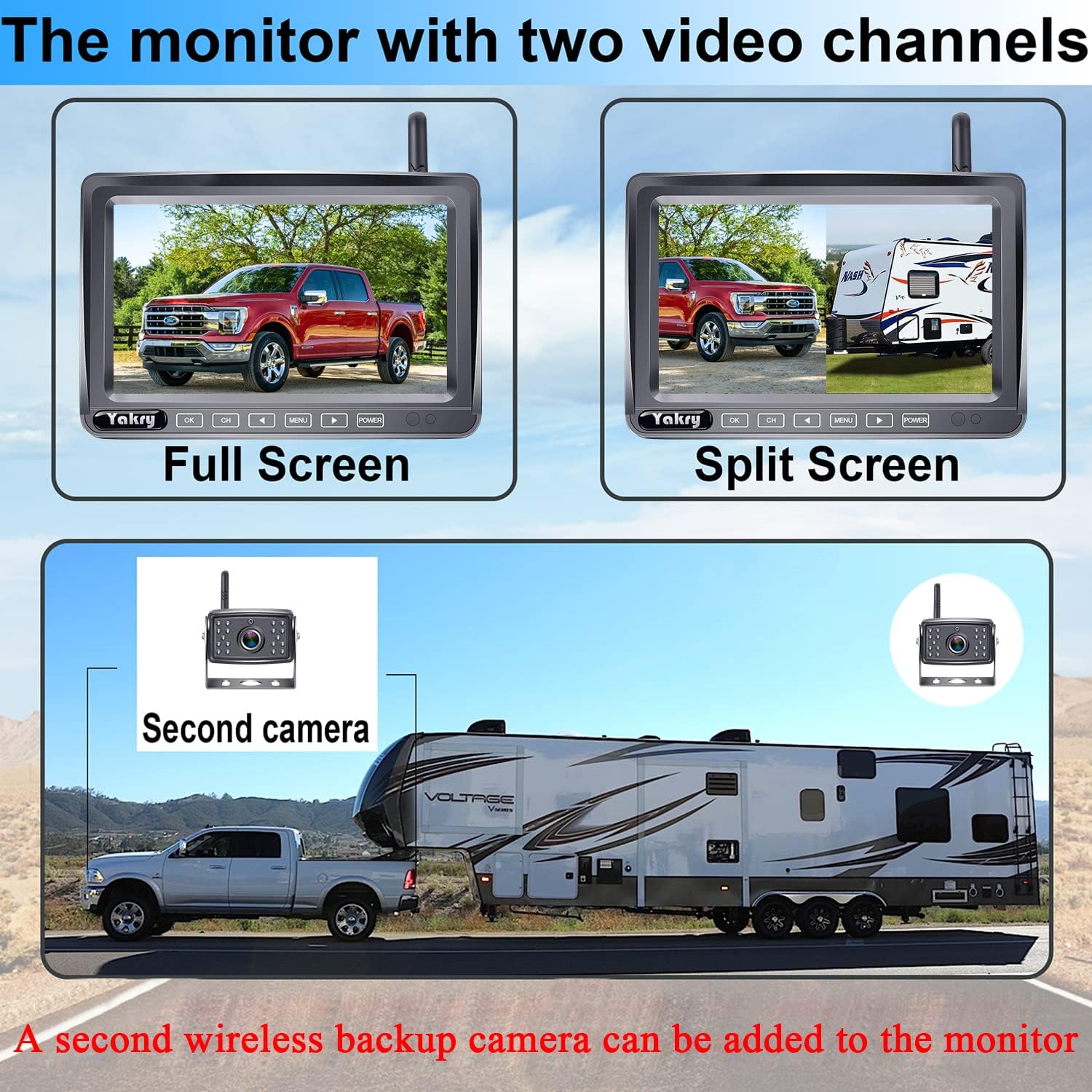 Wireless Backup Camera for RV HD 1080P 7'' Monitor Bluetooth Backup Camera Kit Hitch Rear View Camera System for RVs,Campers,Trucks,Trailers, Vans IP69K Waterproof Yakry Y22