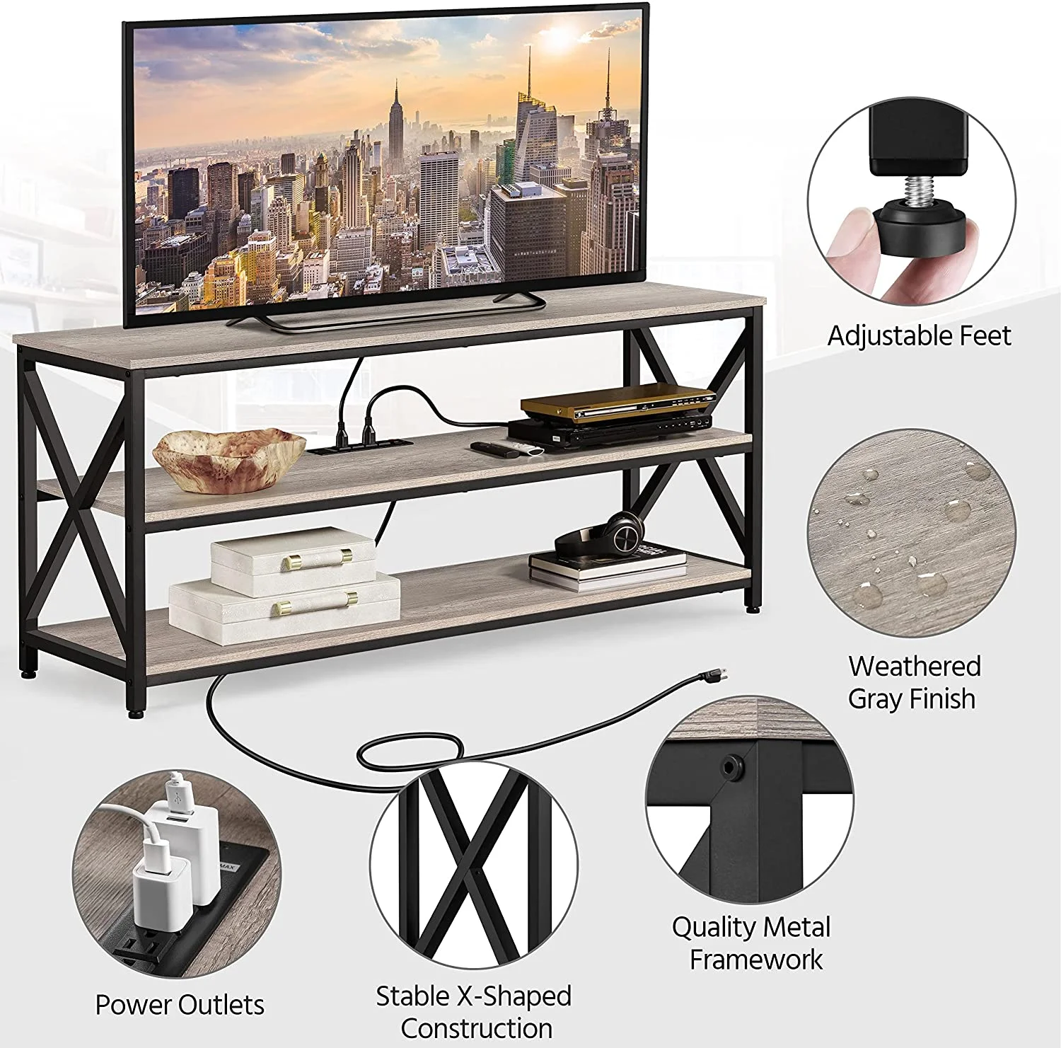 TV Stand for TV up to 65 inch, Industrial TV Cabinet with Power Outlets for Living Room, Media Entertainment Center TV Console with 3 Tier Storage Shelves & Charging Station, Rustic Brown