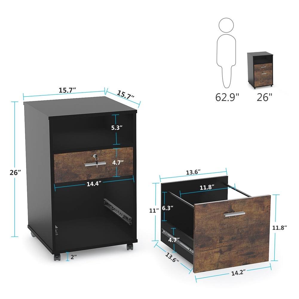 2 Drawer Mobile File Cabinet with Lock, Filing Cabinet Printer Stand for Letter Size - Black