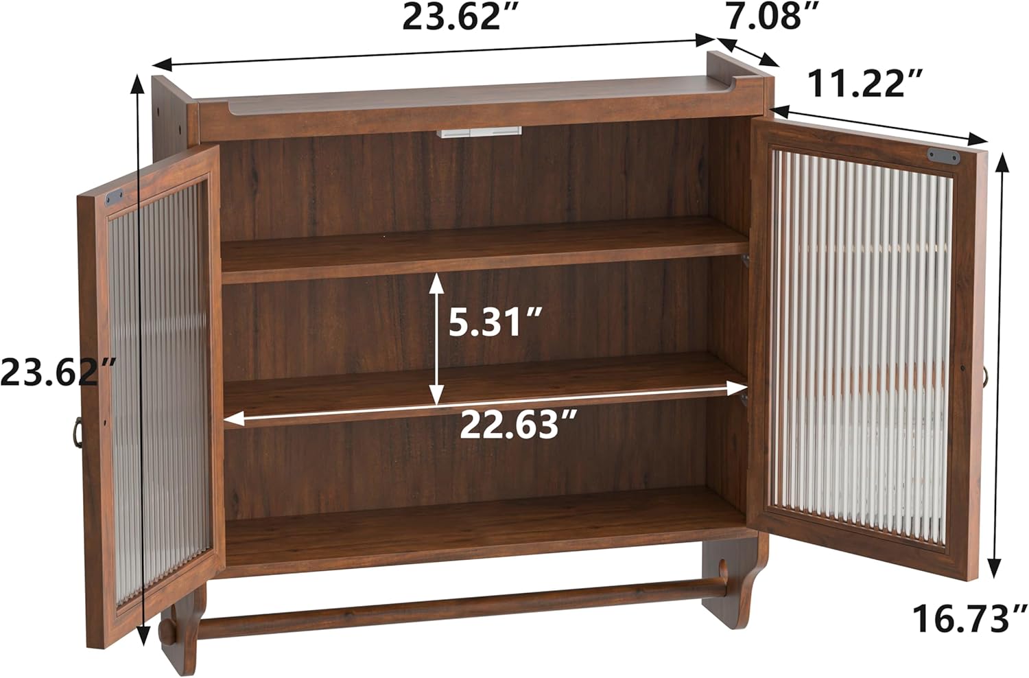 Retro Style Haze Double Glass Door Wood Wall Cabinet with Detachable Shelves for Office, Dining Room,Living Room, Kitchen and Bathroom Brown