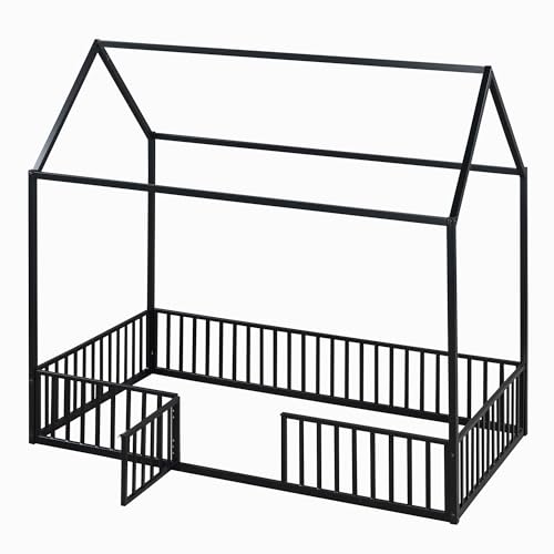 Merax Twin Size Montessori Floor Bed, Metal House Bed Frame with Roof for Kids, Teens, Girls, and Boys, No Box Spring Needed, Black