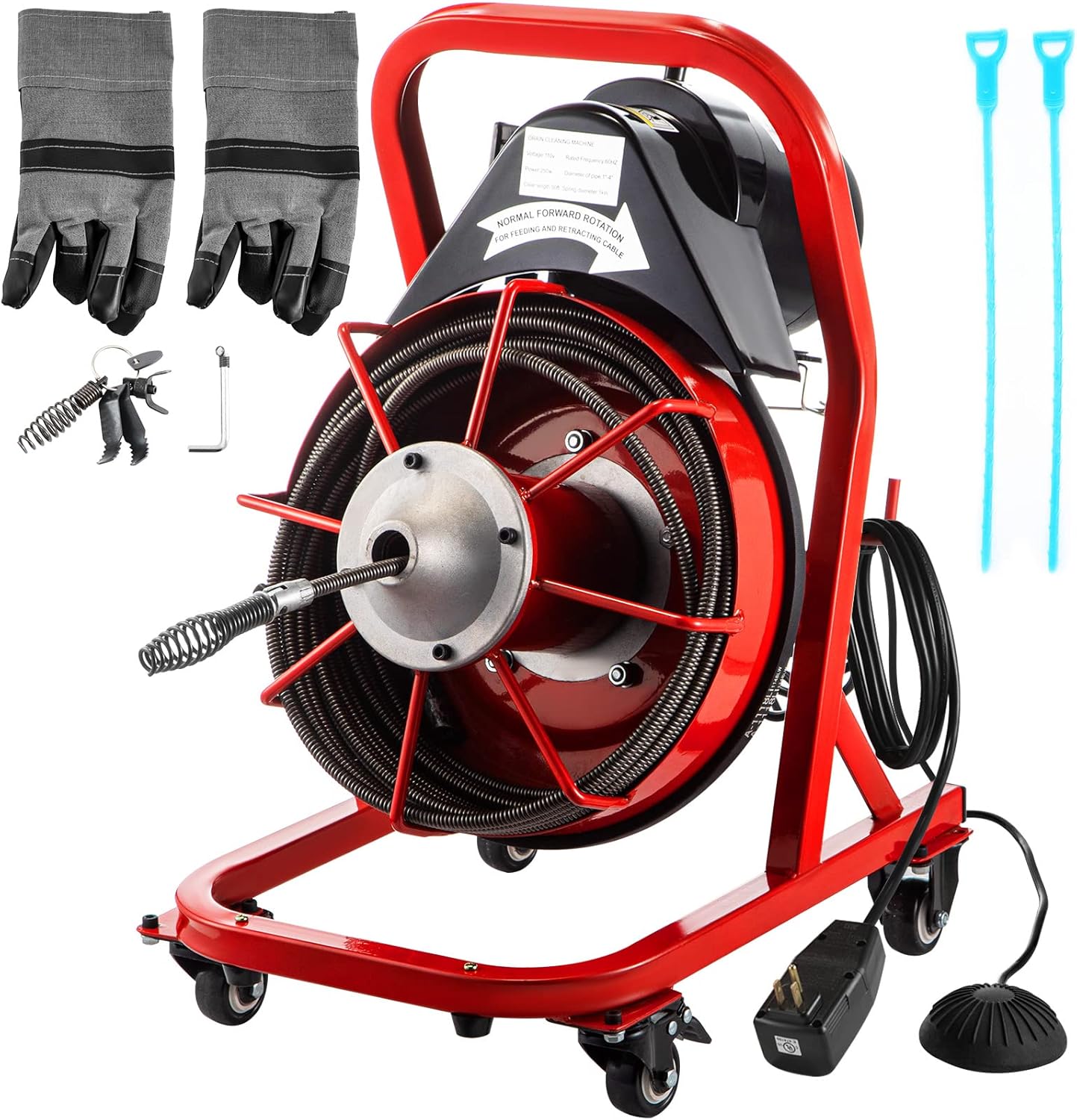 VEVOR 75FT x 3/8 Inch Drain Cleaning Machine, 250W Electric Drain Auger on Wheels, Portable Sewer Snake Auger Cleaner with Cutters & Air-Activated Foot Switch for 2" to 4" Pipes, Black, Red