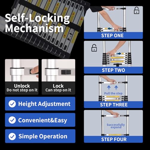 Telescoping Ladder 16.5 FT Extension Ladder Aluminum Lightweight Telescopic Ladder with 2 Triangle Stabilizers Telescoping Attic Ladder RV Ladders for Travel Collapsible Ladders for Home