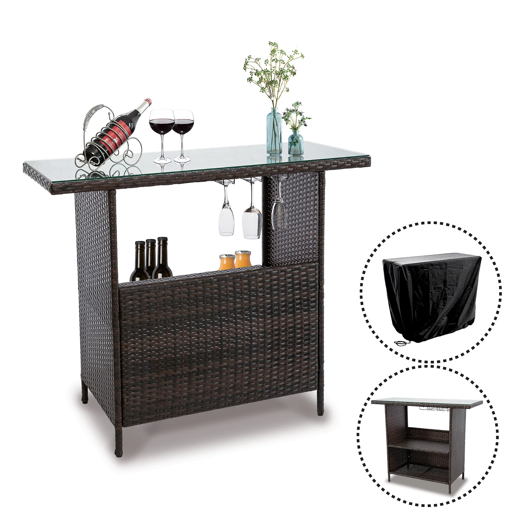 Outdoor Patio Rattan Wicker Bar Counter Table Tempered Glass Tabletop w/ Waterproof Cover,2 Steel Shelves,3 Sets of Rails