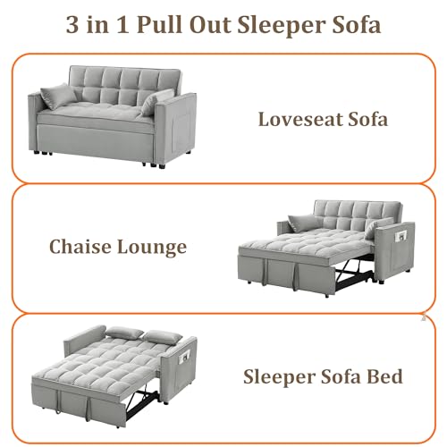 Homtique Pull Out Sleeper Sofa Bed, 55" Tufted Velvet Convertible Loveseat Futon Sofa with 3 in 1 Pullout Bed, Adjustable Backrest w/Lumbar Pillows Side Pockets for Living Room, Bedroom,Black