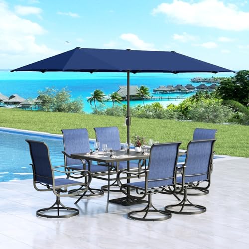 MFSTUDIO 8 Piece Patio Dining Set with Umbrella, All Weather Outdoor Furniture Set with 6 Grey Sling Swivel Chairs, 1 Rectangular Metal Table and 1×13 FT Beige Outdoor Umbrella(Base Not Included)