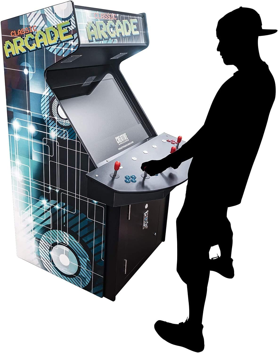 Creative Arcades Full Size Stand-Up Commercial Grade Arcade Machine | 4 Player | 4500 Games | 32" LCD Screen | 4 Sanwa Joysticks | Trackball | 2 Stools Included | 3 Year Warranty