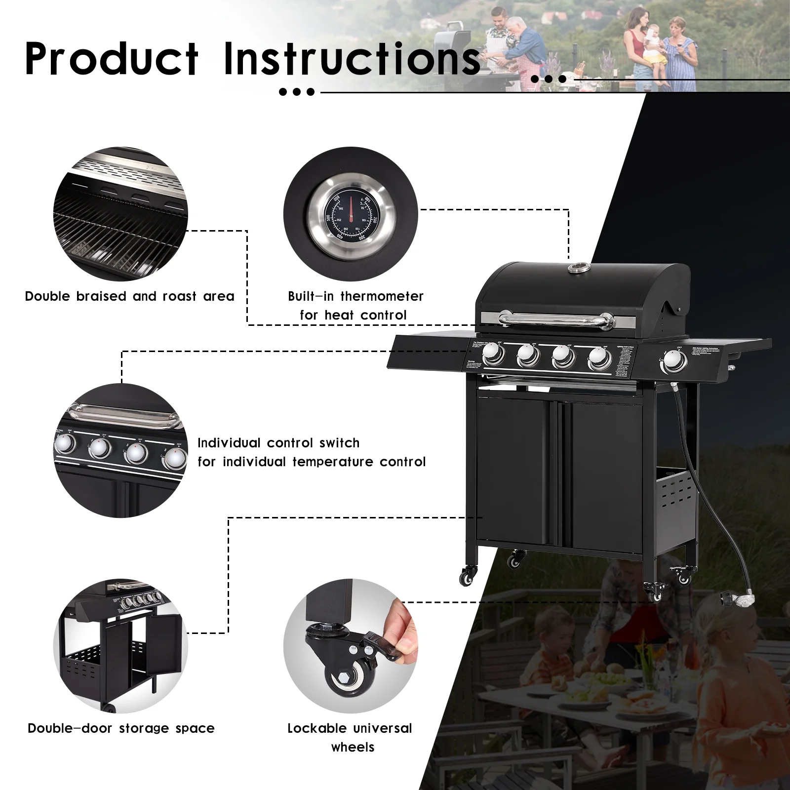 Magic Union 4-Burner Propane Gas Grill with Side Burner and Stainless Steel Grates 50,000 BTU Outdoor Cooking BBQ Grills Cart