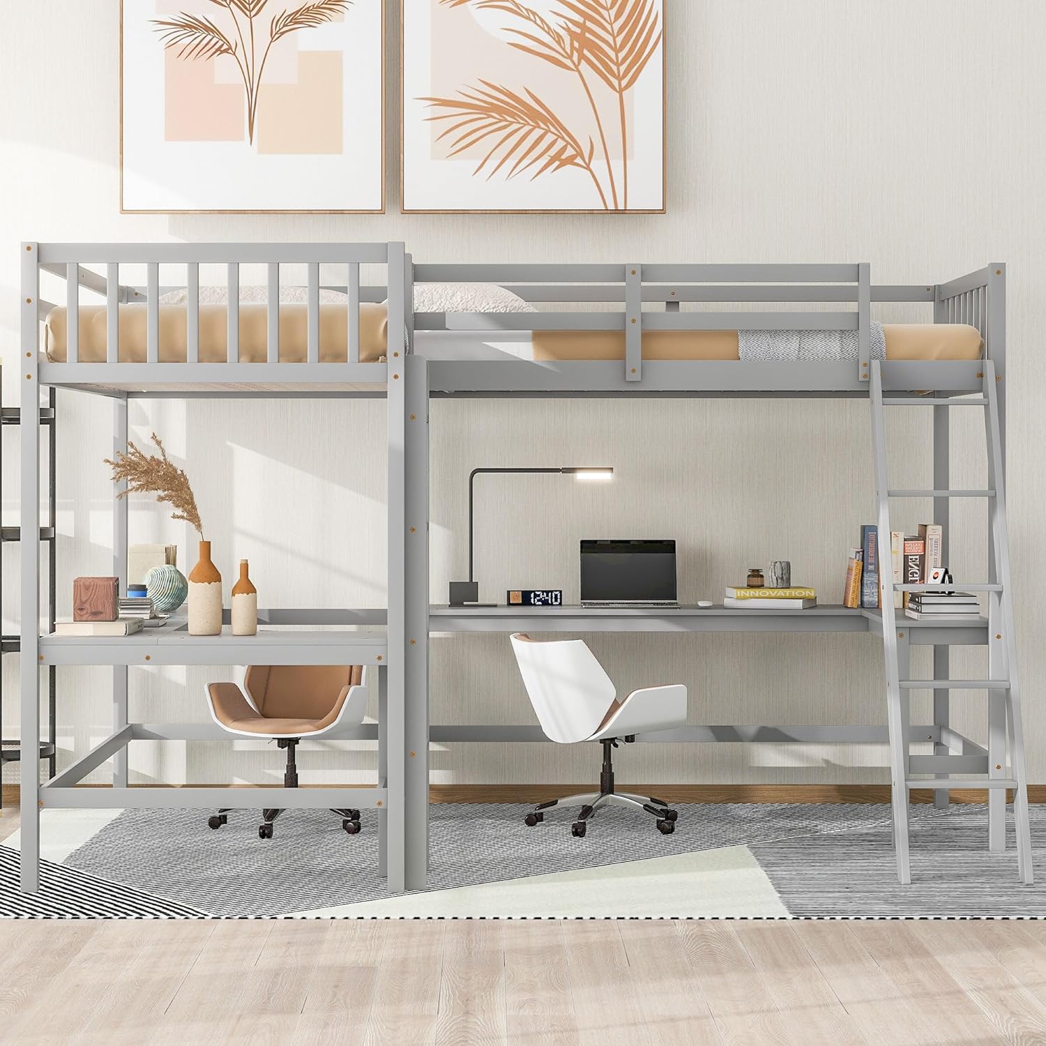 Wood Twin Size L-Shaped Loft Bed with Ladder and 2 Built-in L-Shaped Desks,2 Beds in 1 for Dorm,No Box Spring Required,Gray