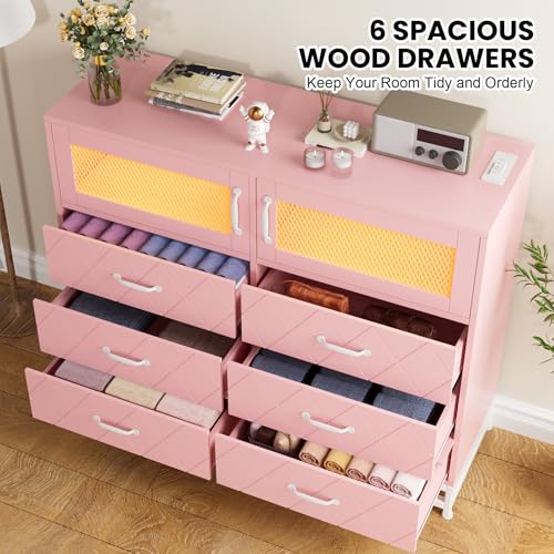 6 Drawer Dresser for Bedroom with LED Lights and Charging Station, Wooden Double Dresser with 2 Shelves & Mental Grid Handle, Modern Chest of Drawers for Bedroom, Entryway, Hallway, Pink