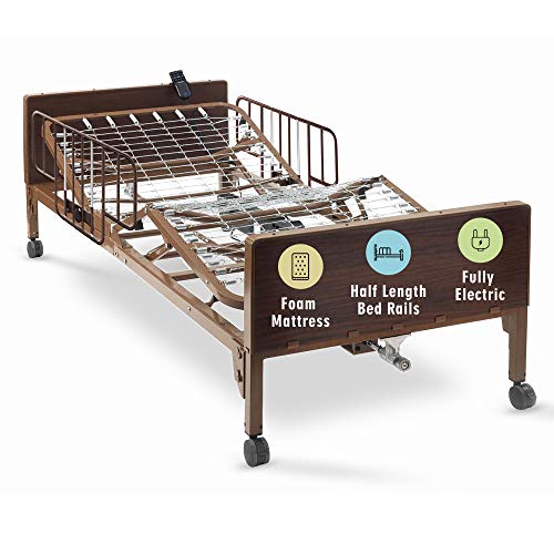 Full Electric Hospital Bed with Premium Mattress and Rails Included - for Home Care Medical Facilities - Fully Adjustable, Hand Pendant - 80" x 36" (80" x 36" Standard with Half Rails, Foam Mattress)