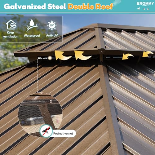 EROMMY 14'x20' Hardtop Gazebo Double Roof Galvanized Steel Canopy Outdoor Aluminum Frame Permanent Metal Pavilion with Netting and Curtains for Patio Backyard Deck and Lawns