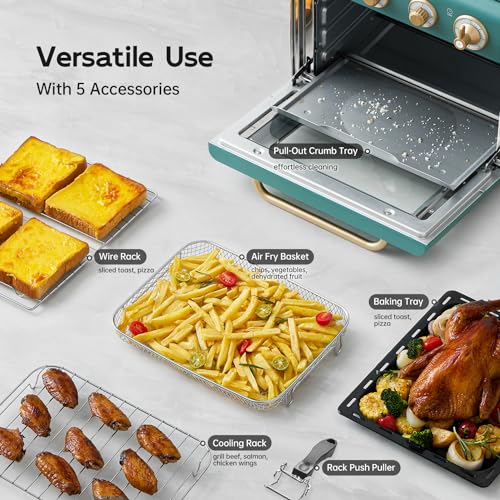 Neretva Air Fryer Toaster Oven Large 21 QT, 5 In 1 Countertop Oven, Fit 8" Pizza Convection Air Fryers Oven for Family, Include 6 Accessories & Cookbook, Stainless Steel, ETL Certified, Vintage Green
