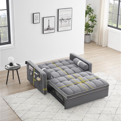 Sleeper Sofa Couch w/Pull Out Bed, 55" Modern Velvet Convertible Sleeper Sofa Bed, Small Love seat Sofa Bed w/Phone Holder & Pillows & Side Pockets for Small Space, Living Room, Apartment,Gray