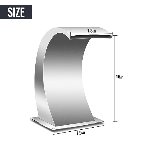 Pool Waterfall Fountains, Stainless Steel Pool Waterfall Spillway with Pipe Connector Rectangular for Indoor/Outdoor Decorative (17.7 Inch)