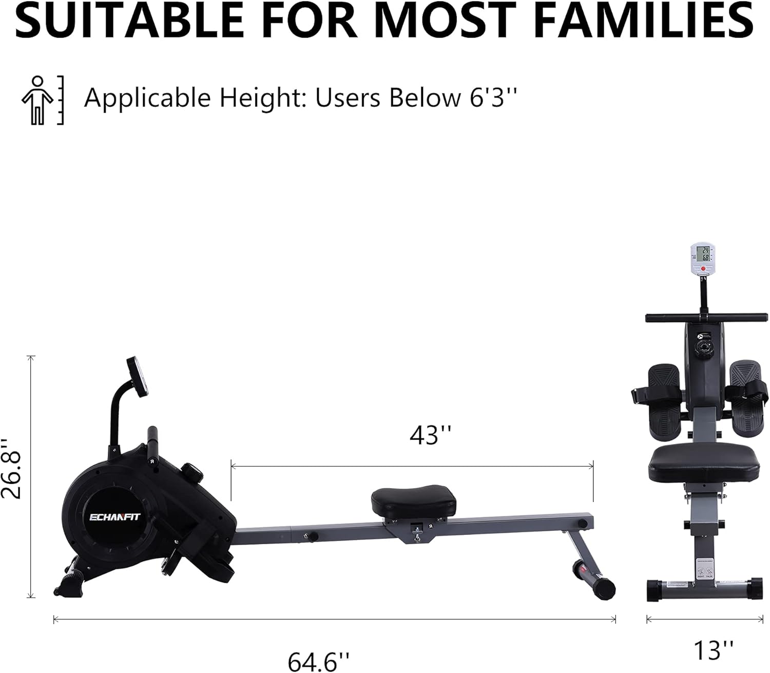 ECHANFIT Magnetic Rower Machine with 16-Level Silence Resistance for Whole Body Rowing with LCD Monitor for Home Gym, Cardio Exercise and Strength Training