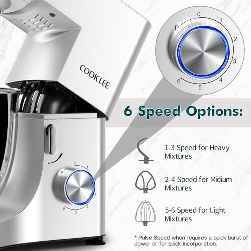COOKLEE Stand Mixer, 9.5 Qt. 660W Electric Kitchen Mixer with Dishwasher-Safe Dough Hooks, Flat Beaters, Wire Whip & Pouring Shield Attachments for Most Home Cooks, Silver