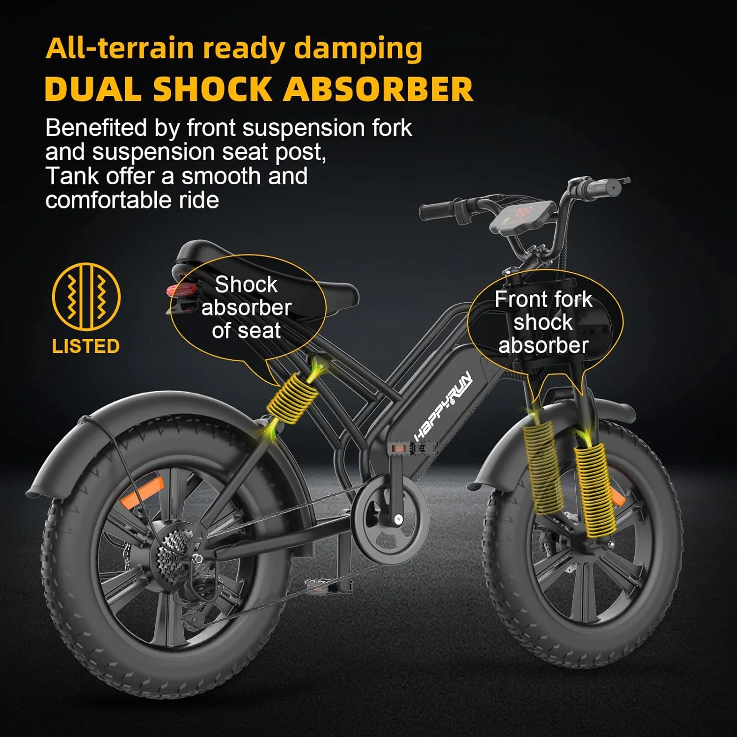 HAPPYRUN Electric Bike for Adults 20" Fat tire with 1500W Motor Ebike 48V 18AH Removable Battery 30MPH & 68 Miles Long Range Snow Beach Mountain