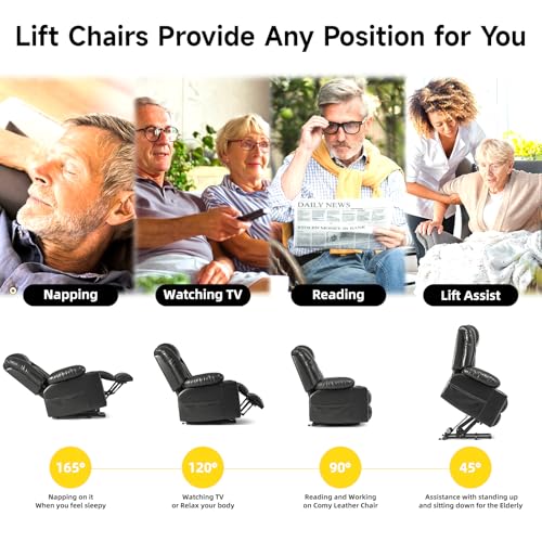 Large Power Lift Chairs Recliners for Elderly with Heated and Massage, Overstuffed Adjustable Lift Chairs, 3 Positions, Breathable Leather, USB-A and USB-C, Cup Holder, Side Pocket Dark Brown