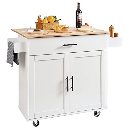 VEVOR Kitchen Island Cart with Solid Wood Top, 35.4" Width Mobile Carts with Storage Cabinet, Rolling Kitchen Table with Spice Rack, Towel Rack, and Drawer, Portable Islands on Wheels, White