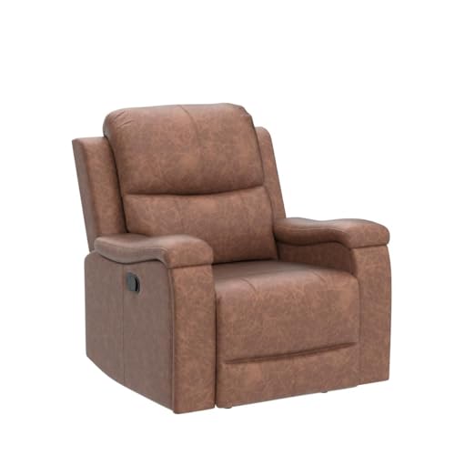 CANMOV Leather Recliner Chair, Classic and Traditional Manual Recliner Chair with Overstuffed Arms and Back, Manual Single Sofa with Concealed Cup Holders,Red Brown